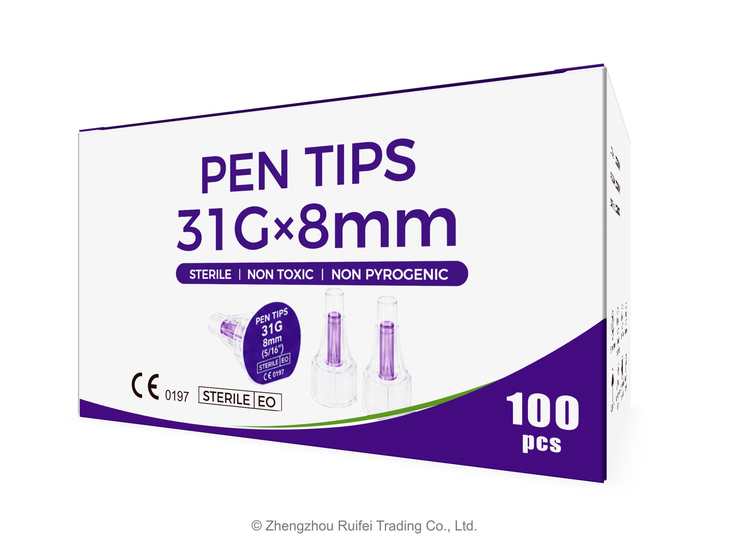 Perspective view of the 31G × 8mm pen needle box.