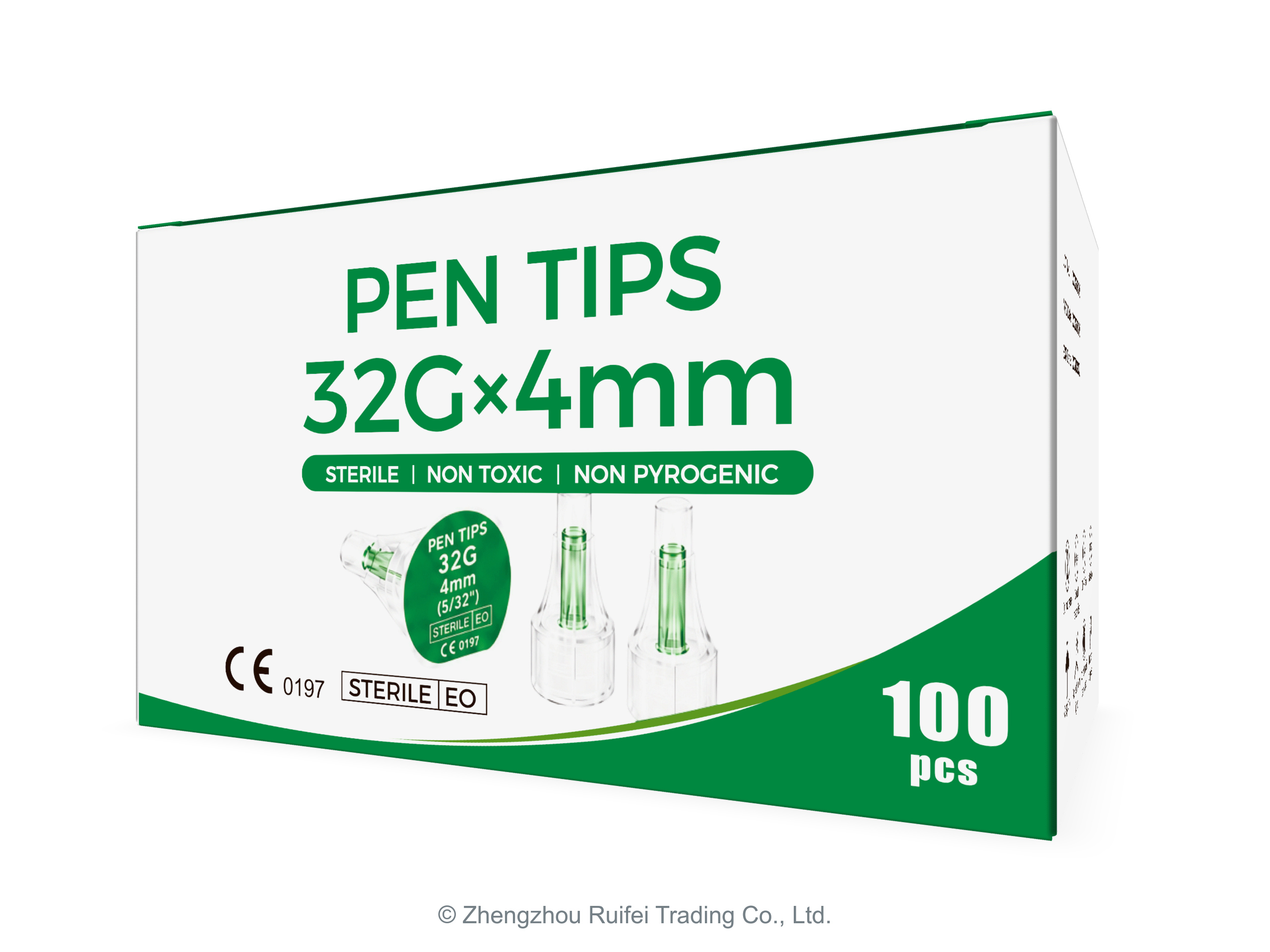 Three-quarter view of the green and white 32G × 4mm pen needle box, showing the front and side artwork.